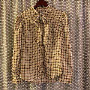 NWT Ann Taylor Plaid Puff Shoulder Tie Neck Blouse